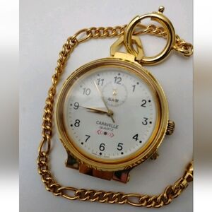 Caravelle Quartz Pocket Watch w/Alarm & Chain Gold-Tone Vintage 90's New Battery